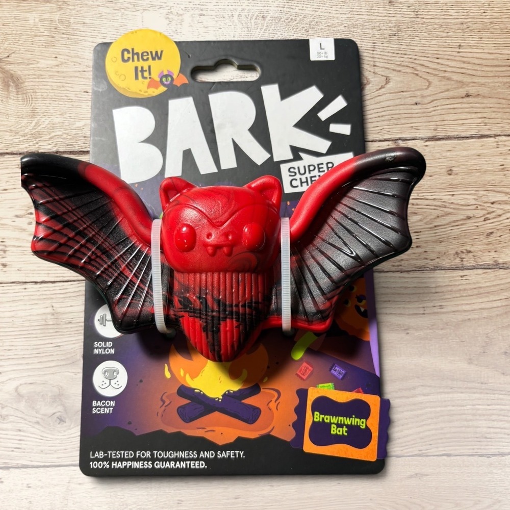 Bark Super Chewer Brawnwing Bat Red Bacon Scented Nylon Dog Toy Large 50lb+ NEW